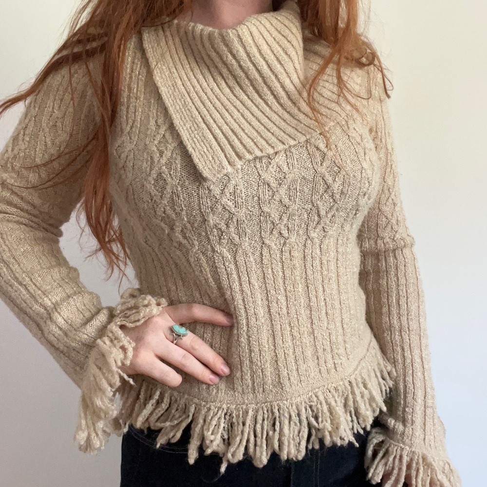 Tan fringe waist and wrist sweater